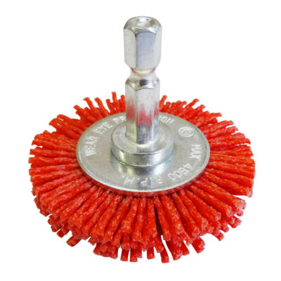 Brush Wheel 2" (50mm) 80G 1/4" Hex Spindle Red Abrasive Nylon