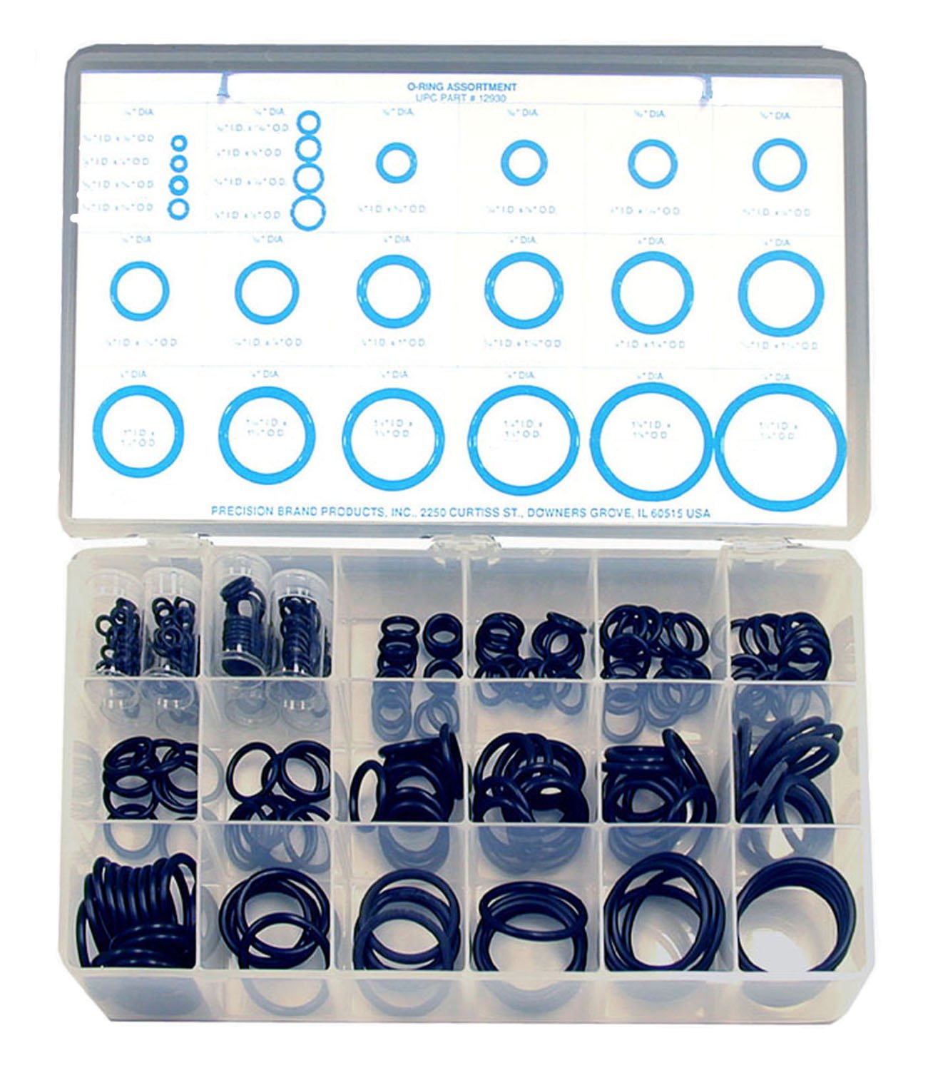 Precision Brand 12930 300 Piece O Ring Assortment, Buna-N 70 Durometer Rubber, Plastic Compartment Box