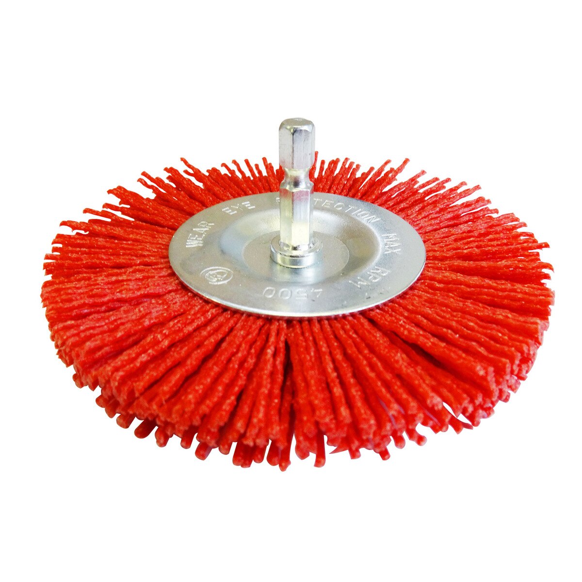 Brush Wheel 4" (100mm) 80G 1/4" Hex Spindle Red Abrasive Nylon